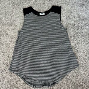 Old Navy high-lo curved hem black/gray striped tank with lace crochet top. Small